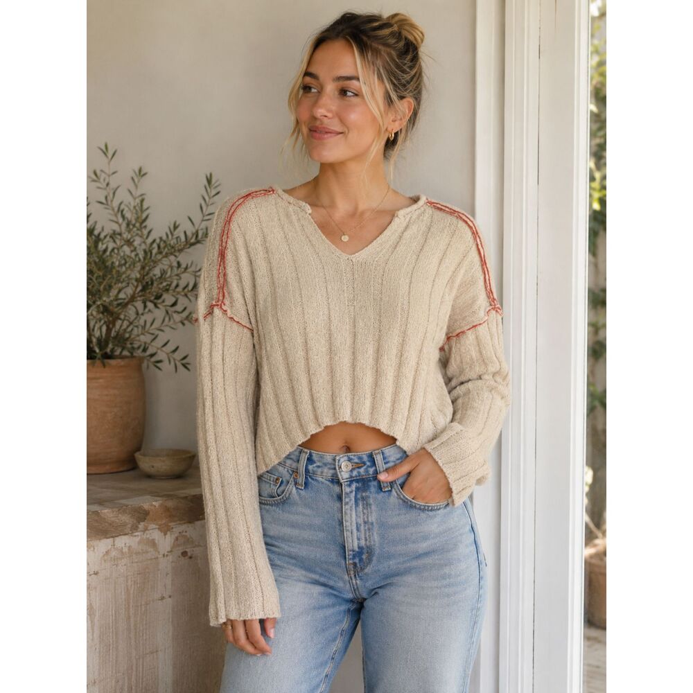 BDG Hunter Beige Cream Ribbed Oversized Chenille Cropped Sweater Slouchy Small